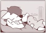  2018 absurd_res anthro bed canine chow_(theartmanor) clothing cuddling digital_media_(artwork) duo english_text eyes_closed fangs female fish hi_res hug legwear male mammal marine mechanical_fan molte monochrome mouse open_mouth pandemonium_wizard_village plushie pointy_ears rodent shark simple_background sleeping text theartmanor 