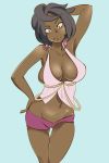  arm_behind_head arm_up armpits bare_arms bare_shoulders black_eyes black_hair blue_background breasts cleavage closed_mouth collarbone constricted_pupils cowboy_shot dark_skin diamond_(shape) earrings frown groin hand_on_hip island_kahuna jewelry large_breasts lychee_(pokemon) navel no_bra pink_shirt pokemon pokemon_(game) pokemon_sm purple_shorts shirt short_hair short_shorts shorts sideboob simple_background solo standing stomach tank_top thigh_gap zaitsu 