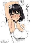 arm_up armpits bare_shoulders black_hair breasts cleavage clenched_teeth commentary_request girls_und_panzer green_eyes hoshino_(girls_und_panzer) large_breasts short_hair solo sweat tank_top teeth twitter_username white_tank_top yusukesan 