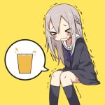  &gt;_&lt; between_legs black_legwear black_serafuku black_shirt black_skirt blue_neckwear blue_ribbon blush braid commentary_request cup drinking_glass french_braid grey_hair hand_between_legs hands_together have_to_pee kneehighs knees_together_feet_apart long_hair long_sleeves lowres metaring neck_ribbon original pleated_skirt ribbon sailor_collar school_uniform serafuku shiny shiny_hair shirt simple_background sitting skirt solo speech_bubble tears tied_hair trembling uniform v_arms white_sailor_collar yellow_background 
