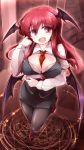  bat_wings between_breasts breasts bursting_breasts cleavage commentary_request demon_girl demon_tail demon_wings dress fangs fumitsuki_(minaduki_6) head_wings koakuma large_breasts long_hair long_sleeves looking_at_viewer necktie necktie_between_breasts one_eye_closed open_mouth pantyhose puffy_sleeves red_eyes red_hair red_neckwear skindentation skirt skirt_set solo succubus tail touhou wings 