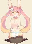  anthro blush breasts clothing female flower flower_in_hair fredek666 hair hand_on_breast legwear long_hair looking_at_viewer panties pink_hair plant rabbit solo stockings sweater underwear 