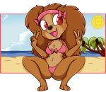  &lt;3 &lt;3_eyes beach bikini breasts canine clothing dog esmeia female mammal savanna seaside solo spaniel spread_legs spreading swimsuit v_sign 