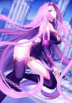  absurdres arm_warmers ass black_legwear breasts chain cleavage cleavage_cutout expressionless fate/grand_order fate/stay_night fate_(series) forehead_tattoo gogatsu_fukuin highres holding holding_weapon long_hair miniskirt pillar purple_eyes purple_hair rider skirt solo thighhighs very_long_hair weapon 