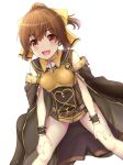  :d armor bare_shoulders blush bow bracelet breastplate brown_eyes brown_hair cape commentary_request dyute_(fire_emblem) fang fire_emblem fire_emblem_echoes:_mou_hitori_no_eiyuuou hands_on_own_thighs highres inanaki_shiki jewelry long_hair open_mouth ponytail ribbon simple_background smile solo yellow_ribbon 