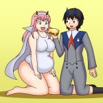  1boy 1girl barefoot black_hair blue_eyes blue_horns breasts coat couple darling_in_the_franxx eyebrows_visible_through_hair fat_folds food fringe green_eyes hair_ornament hairband hands_on_own_legs hetero hiro_(darling_in_the_franxx) holding_food horns kneeling large_breasts long_hair long_sleeves looking_at_another lordstormcaller military military_uniform necktie oni_horns open_coat open_mouth pink_hair plump red_horns red_neckwear short_hair socks straight_hair swimsuit thighs uniform white_coat white_hairband zero_two_(darling_in_the_franxx) 