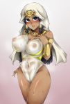  1girl beruzumi-m black_hair blue_eyes blush breasts cleavage covered_navel dark_skin egyptian egyptian_clothes erect_nipples hand_on_own_chest hypnosis ishizu_ishtar large_breasts looking_at_viewer mind_control one-piece_swimsuit pussy see-through sweat swimsuit vambraces yu-gi-oh! 