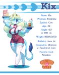  4_fingers :3 absurd_res anthro bendy_straw big_ears blonde_hair blue_fur blue_nose blush bovine bow_tie breasts cattle clothing dipstick_tail drinks english_text female food full-length_portrait fur green_eyes hair heartthrob_cafe hi_res holding_object horn irootie kix_(irootie) legwear light_fur long_hair long_tail mammal model_sheet multicolored_tail no_sclera overalls portrait simple_background smile solo spots spotted_fur stockings text three_tone_fur waiter white_background wide_hips 