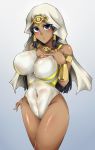  1girl beruzumi-m black_hair blue_eyes blush breasts cleavage covered_navel dark_skin egyptian egyptian_clothes hand_on_own_chest ishizu_ishtar large_breasts looking_at_viewer one-piece_swimsuit see-through swimsuit vambraces yu-gi-oh! 
