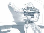  abs anthro belt book classroom clothing crocodile crocodilian eyewear glasses holding_book holding_object looking_at_viewer male monochrome muscular muscular_male null-ghost pants pecs reptile scalie school shirt smile solo teacher tight_clothing writing_(disambiguation) 