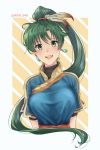  akina_(akn_646) blush earrings fingerless_gloves fire_emblem fire_emblem:_rekka_no_ken fire_emblem_heroes gloves green_eyes green_hair jewelry long_hair looking_at_viewer lyndis_(fire_emblem) mamkute open_mouth pelvic_curtain ponytail side_slit simple_background smile 