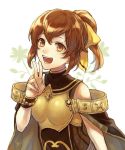  akke armor bare_shoulders bow bracelet breastplate brown_eyes brown_hair cape dyute_(fire_emblem) fang fire_emblem fire_emblem_echoes:_mou_hitori_no_eiyuuou jewelry long_hair open_mouth ponytail simple_background smile solo 