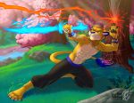  2018 5_fingers abs abstract_background anthro blue_nose clothed clothing dexterlion digital_media_(artwork) feline fur lion male mammal muscular outside tan_fur topless vallhund yellow_fur 