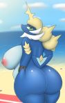  2018 anthro areola beach big_breasts big_butt breasts butt cloud fangs female green_eyes hi_res huge_breasts looking_at_viewer looking_back nintendo nipples outside pandashorts pok&eacute;mon pok&eacute;mon_(species) samurott seaside sky solo video_games 