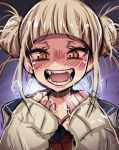  bangs blunt_bangs boku_no_hero_academia commentary_request double_bun fangs half-closed_eyes happy heavy_breathing highres hinghoi long_sleeves looking_at_viewer open_mouth portrait sailor_collar school_uniform serafuku sleeves_past_wrists slit_pupils smile teeth toga_himiko yandere_trance yellow_eyes 