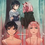  1boy 1girl bandage black_cloak black_hair blue_eyes blue_horns book cloak coat couple crying crying_with_eyes_open darling_in_the_franxx eyebrows_visible_through_hair fringe fur_trim green_eyes grey_coat hair_ornament hairband hetero hiro_(darling_in_the_franxx) holding_book hooded_cloak horns iro_(darling_in_the_franxx) kumashiorz long_coat long_hair looking_at_another looking_at_viewer oni_horns open_book parka pink_hair red_horns red_pupils red_sclera red_skin shirtless short_hair signature straight_hair white_hairband winter_clothes winter_coat younger zero_two_(darling_in_the_franxx) 