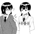  2girls absurdres argyle argyle_sweater commentary glasses greyscale hair_ornament hairclip highres itou_hikari kibitarou komiyama_kotomi looking_to_the_side low_twintails monochrome multiple_girls open_mouth school_uniform short_hair shoulder_grab simple_background sweatdrop sweater twintails v-shaped_eyebrows watashi_ga_motenai_no_wa_dou_kangaetemo_omaera_ga_warui! wavy_mouth white_background x_hair_ornament 