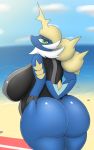  2018 anthro beach big_breasts big_butt breasts butt clothing cloud fangs female green_eyes hi_res huge_breasts looking_at_viewer looking_back nintendo one-piece_swimsuit outside pandashorts pok&eacute;mon pok&eacute;mon_(species) samurott seaside sky solo swimsuit video_games 