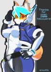  1girl armor blue_hair dog furry mayoi89g original police_uniform ramune_(mayoi89g) red_eyes robot_ears short_hair solo suit visor 