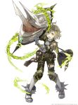  ahoge armor armored_boots belt book boots chain full_body gauntlets green_eyes green_hair highres jacket ji_no long_nose official_art otoko_no_ko pigeon-toed pinocchio_(sinoalice) shield shoulder_pads sinoalice square_enix tongue tongue_out white_background worried 