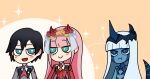  1boy 1koma 2girls :t bangs blue_eyes blue_horns blue_skin blush_stickers chinese_commentary comic commentary_request couple darling_in_the_franxx english_commentary eyebrows_visible_through_hair facial_tattoo flower green_eyes hair_flower hair_ornament hetero hiro_(darling_in_the_franxx) horns jealous light_blue_hair long_hair mato_(mozu_hayanie)_(style) military military_uniform multiple_girls necktie oni_horns orange_neckwear parody pout red_horns red_neckwear spoilers style_parody tail tashidraw tattoo uniform zero_two_(darling_in_the_franxx) 