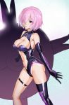  bare_shoulders black_gloves breasts elbow_gloves fate/grand_order fate_(series) gloves hair_over_one_eye highleg highleg_leotard highres holding large_breasts leotard looking_at_viewer mash_kyrielight navel ontaros parted_lips pink_hair purple_eyes shield single_thighhigh smile solo thighhighs 