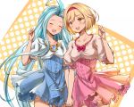  :d ^_^ ahoge blonde_hair blue_hair blue_skirt blush closed_eyes cosplay djeeta_(granblue_fantasy) djeeta_(granblue_fantasy)_(cosplay) granblue_fantasy hairband holding_hands interlocked_fingers long_hair lyria_(granblue_fantasy) multiple_girls nekogohan open_mouth pink_hairband pink_skirt puffy_short_sleeves puffy_sleeves short_hair short_sleeves skirt smile standing yellow_eyes 