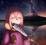  bangs blush brown_gloves c: closed_eyes closed_mouth coldtrojan eating eyebrows_visible_through_hair fish gloves hair_between_eyes jacket kagamihara_nadeshiko lake long_hair mount_fuji non-web_source orange_scarf pink_hair pink_jacket scarf sky solo star star_(sky) starry_sky twintails very_long_hair yurucamp 