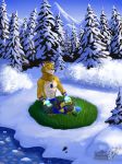  2017 5_fingers abs abstract_background anthro blue_nose clothed clothing dexterlion digital_media_(artwork) eyes_closed feline fur lion male mammal muscular outside snow tan_fur topless tree vallhund winter yellow_fur 