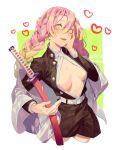  :d bangs belt blush braid breasts breasts_apart brown_jacket brown_pants center_opening commentary_request fingernails green_background hair_between_eyes hand_on_own_cheek heart heart-shaped_pupils holding holding_sword holding_weapon jacket kanroji_matsuri katana kimetsu_no_yaiba large_breasts long_hair long_sleeves mole mole_under_eye no_bra open_mouth pants pink_eyes pink_hair scabbard sheath sheathed signature smile solo sword symbol-shaped_pupils twin_braids weapon yamakawa yandere_trance 
