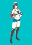  alternate_costume black_hair black_legwear blue_shorts boots breasts commentary_request elbow_pads glasses green_eyes hairband hands_on_hips highres kantai_collection knee_pads long_hair looking_at_viewer mask midriff navel ooyodo_(kantai_collection) semi-rimless_eyewear short_shorts shorts small_breasts smile solo sports_bra standing under-rim_eyewear wrestler wrestling_mask wrestling_outfit yuuji_(and) 
