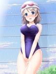  bare_shoulders blue_eyes blush competition_swimsuit covered_nipples covering covering_crotch cowboy_shot fence goggles goggles_on_head grey_hair highres kyamu_(qqea92z9n) looking_at_viewer love_live! love_live!_sunshine!! one-piece_swimsuit open_mouth purple_swimsuit sexually_suggestive short_hair solo standing swim_cap swimsuit watanabe_you wet wet_clothes wet_swimsuit 