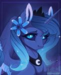  2018 blue_eyes blue_hair digital_media_(artwork) equine evehly feathered_wings feathers female flower flower_in_hair friendship_is_magic hair hi_res horn long_hair looking_at_viewer mammal my_little_pony plant princess_luna_(mlp) slit_pupils solo winged_unicorn wings 