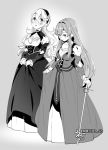  breasts cape commentary_request dress earrings eirika female_my_unit_(fire_emblem_if) fire_emblem fire_emblem:_seima_no_kouseki fire_emblem_heroes fire_emblem_if gloves greyscale jewelry long_hair mamkute monochrome multiple_girls my_unit_(fire_emblem_if) negiwo pointy_ears smile 