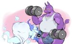  &lt;3 ambiguous_gender ass_up balls biceps big_balls big_butt big_eyebrows blue_body blue_eyes blush butt cervine clothed clothing digital_media_(artwork) dumbbell duo exercise floating ghost horn humanoid_penis kai_the_cervine_ghost male mammal musclegut overweight overweight_male penis poking_out purple_skin rhinoceros shirt shorts spirit standing stilton sweat tank_top tight_clothing weightlifting weights workout xingscourge 