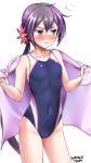  :t akebono_(kantai_collection) artist_name bell blush competition_swimsuit covered_navel cowboy_shot dated flat_chest flower hair_bell hair_flower hair_ornament highres jingle_bell kantai_collection long_hair looking_to_the_side one-piece_swimsuit purple_eyes purple_hair purple_swimsuit purple_towel side_ponytail signature simple_background solo standing swimsuit tsuchimiya v-shaped_eyebrows very_long_hair wavy_mouth white_background 