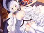  :d absurdres azur_lane bangs bare_shoulders bed blue_eyes blurry blurry_background blush breasts cleavage commentary_request depth_of_field detached_collar dress dutch_angle elbow_gloves eyebrows_visible_through_hair flag_print garter_straps gloves hat highres illustrious_(azur_lane) indoors large_breasts long_hair looking_at_viewer low_twintails on_bed open_mouth outstretched_arms pillow print_pillow silver_hair sitting smile solo strapless strapless_dress stuffed_animal stuffed_toy teddy_bear thighhighs twintails union_jack usamata very_long_hair white_collar white_dress white_gloves white_hat white_legwear 