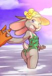  anthro butt butt_pose canine clothed clothing colored disney duo fabiolinoart female fox fur judy_hopps lagomorph looking_back male mammal nick_wilde one-piece_swimsuit partially_submerged rabbit smile swimsuit zootopia 