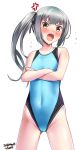  anger_vein aqua_swimsuit artist_name ass_visible_through_thighs blush competition_swimsuit covered_navel cowboy_shot crossed_arms dated flat_chest flying_sweatdrops grey_hair highres kantai_collection kasumi_(kantai_collection) long_hair looking_at_viewer one-piece_swimsuit open_mouth side_ponytail signature simple_background solo standing swimsuit tsuchimiya white_background white_hair yellow_eyes 