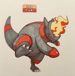  2018 3_toes action_pose alternate_color ambiguous_gender anthro biped claws digitigrade dinosaur english_text fangs featureless_crotch fighting_stance fire firefightdex front_view frown full-length_portrait grey_body grey_tail hatching_(technique) hi_res looking_at_viewer marker_(artwork) mfanjul mixed_media nintendo no_sclera nude on_one_leg overweight overweight_ambiguous pen_(artwork) pok&eacute;mon pok&eacute;mon_(species) portrait pose rampardos red_body red_eyes red_tail scalie shadow shiny_pok&eacute;mon simple_background solo spikes standing text toe_claws toes toony traditional_media_(artwork) two_tone_body two_tone_tail video_games white_background white_claws 