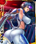  1girl ass blue_hair bodysuit breasts card_(medium) covered_eyes curvy erect_nipples katana large_breasts lilith-soft long_hair looking_back partially_visible_vulva shika_asatsuki shiny smile sword taimanin_(series) taimanin_asagi taimanin_asagi_battle_arena weapon zol 