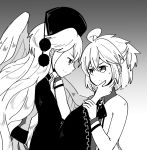  ahoge brooch buna_shimeji_(keymush) commentary feathered_wings greyscale hand_on_another's_cheek hand_on_another's_face hat jewelry junko_(touhou) kishin_sagume long_hair long_sleeves looking_at_another monochrome multiple_girls pom_pom_(clothes) short_hair single_wing sweatdrop touhou upper_body wide_sleeves wings yuri 