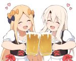  :d ^_^ abigail_williams_(fate/grand_order) alcohol bad_id bad_pixiv_id bangs beer beer_mug black_bow blonde_hair blush bow closed_eyes collarbone cup dirndl eyebrows_visible_through_hair facing_viewer fate/grand_order fate_(series) foam german_clothes hair_between_eyes hair_bow heart highres holding holding_cup illyasviel_von_einzbern mitchi multiple_girls open_mouth orange_bow parted_bangs puffy_short_sleeves puffy_sleeves red_bow shirt short_sleeves simple_background smile toast_(gesture) white_background white_shirt 