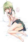  1girl bare_legs barefoot blush drooling eyebrows_visible_through_hair female green_hair looking_at_viewer messy_hair nagisa_honoka neckerchief on_bed open_mouth panties pleated_skirt saliva school_uniform serafuku skirt solo 