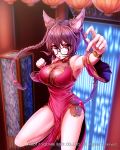  :o alternate_hairstyle animal_ears blurry blurry_background bracer braid breasts brown_hair cat_ears china_dress chinese_clothes detached_sleeves dress fighting_stance glasses highres impossible_clothes large_breasts long_hair looking_at_viewer mappaninatta nail_polish official_art outstretched_arm pelvic_curtain purple_eyes side_slit solo standing standing_on_one_leg twin_braids venus_rumble watermark 