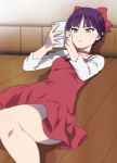  annoyed bangs blurry bow cellphone choker commentary_request dress eyebrows_visible_through_hair gegege_no_kitarou hair_bow holding holding_phone indoors long_sleeves lying mattaku_mousuke nekomusume nekomusume_(gegege_no_kitarou_6) on_back phone pointy_ears purple_hair red_bow red_choker red_dress shirt short_hair smartphone solo wall white_shirt wooden_floor yellow_eyes 