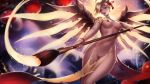  1girl areolae blonde_hair blue_eyes bracelet breasts earrings hair_ornament hair_ribbon lipstick looking_at_viewer mechanical_halo mechanical_wings mercy_(overwatch) nail_polish navel nipples olga_solovian overwatch paintbrush pussy solo uncensored 