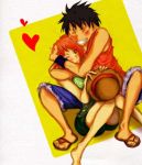  1boy 1girl black_eyes black_hair blush couple hat monkey_d_luffy nami_(one_piece) one_piece orange_hair pirate short_hair smile straw_hat_pirates tattoo 