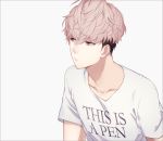  1boy light_hair male male_focus pink_hair shirt solo tshirt 