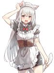  animal_ears apron arm_up bangs blush brown_eyes cat_ears cat_girl cat_tail commentary_request cowboy_shot dress eyebrows_visible_through_hair fingernails frilled_apron frills grey_dress hair_between_eyes hand_on_own_head highres holding_own_tail long_hair looking_at_viewer maid_apron open_mouth original pomu puffy_short_sleeves puffy_sleeves short_sleeves sidelocks silver_hair simple_background solo sweat tail very_long_hair white_apron white_background 